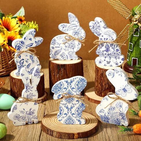6 Pcs Easter Bunny Tabletop Chinoiserie Blue and White Wood Easter Bunny Decor with Rope Rabbit Shaped Wood Table Centerpieces Dining Room Decorations for Desk Office Tray Home in Saudi Arabia