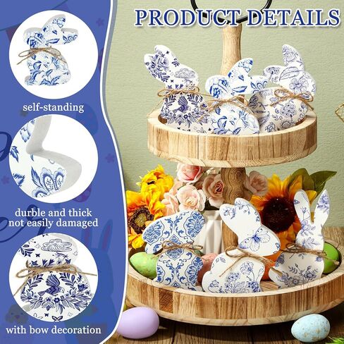 6 Pcs Easter Bunny Tabletop Chinoiserie Blue and White Wood Easter Bunny Decor with Rope Rabbit Shaped Wood Table Centerpieces Dining Room Decorations for Desk Office Tray Home in Saudi Arabia