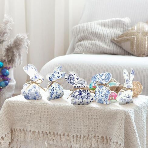6 Pcs Easter Bunny Tabletop Chinoiserie Blue and White Wood Easter Bunny Decor with Rope Rabbit Shaped Wood Table Centerpieces Dining Room Decorations for Desk Office Tray Home in Saudi Arabia