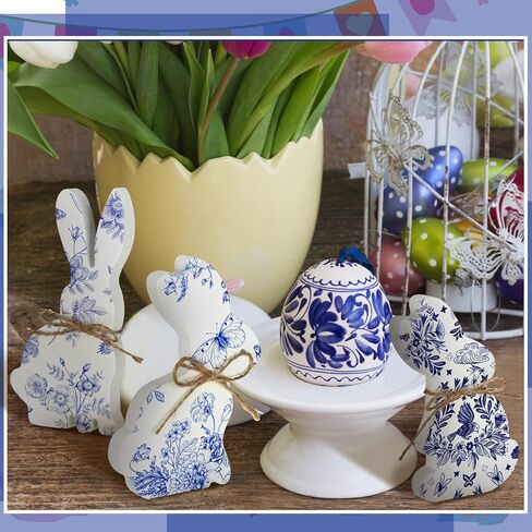 6 Pcs Easter Bunny Tabletop Chinoiserie Blue and White Wood Easter Bunny Decor with Rope Rabbit Shaped Wood Table Centerpieces Dining Room Decorations for Desk Office Tray Home in Saudi Arabia