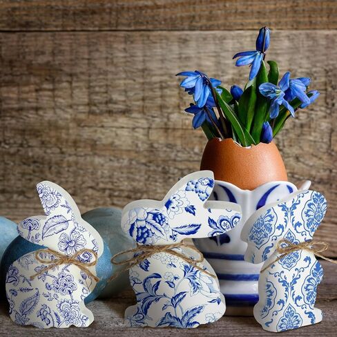 6 Pcs Easter Bunny Tabletop Chinoiserie Blue and White Wood Easter Bunny Decor with Rope Rabbit Shaped Wood Table Centerpieces Dining Room Decorations for Desk Office Tray Home in Saudi Arabia