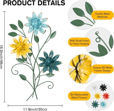 KHJCXS 19 × 12 بوصة لوحة فنية جدارية من أوراق الزهور المعدنية مع 6 قطع زهور قابلة للتبديل، ديكور فني معلق من الحديد الريفي الحديث، للمنزل وغرفة النوم وغرفة المعيشة وغرفة الطعام والمطبخ والمكتب in Kuwait