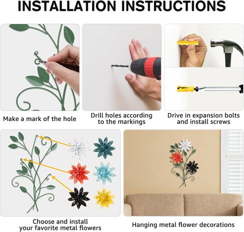 KHJCXS 19 × 12 بوصة لوحة فنية جدارية من أوراق الزهور المعدنية مع 6 قطع زهور قابلة للتبديل، ديكور فني معلق من الحديد الريفي الحديث، للمنزل وغرفة النوم وغرفة المعيشة وغرفة الطعام والمطبخ والمكتب in Kuwait