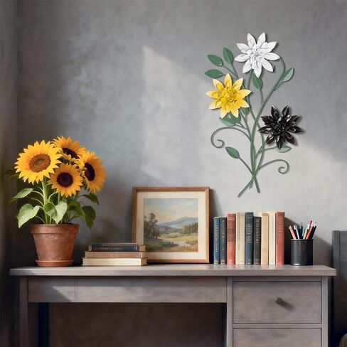 KHJCXS 19 × 12 بوصة لوحة فنية جدارية من أوراق الزهور المعدنية مع 6 قطع زهور قابلة للتبديل، ديكور فني معلق من الحديد الريفي الحديث، للمنزل وغرفة النوم وغرفة المعيشة وغرفة الطعام والمطبخ والمكتب in Kuwait