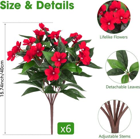 6 Pcs Artificial Flowers for Outdoors Fake Silk Periwinkle Flowers Faux Plants UV Resistant Bouquet Decorations for Planters Spring Summer Garden Porch Patio Window Box Balcony Home, Red in Saudi Arabia