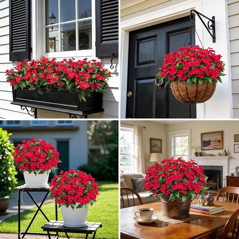 6 Pcs Artificial Flowers for Outdoors Fake Silk Periwinkle Flowers Faux Plants UV Resistant Bouquet Decorations for Planters Spring Summer Garden Porch Patio Window Box Balcony Home, Red in Saudi Arabia