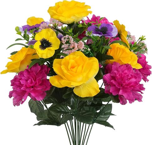 HUAESIN Cemetery Flowers for Grave Memorial Flowers Silk Dahlias Spring Flowers Indoor Outdoor Artificial Flower Arrangement for Kitchen Table Centerpieces Grave (Yellow,hotpink) in Kuwait