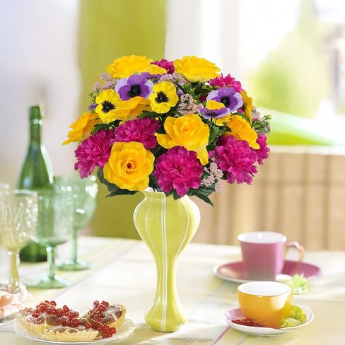 HUAESIN Cemetery Flowers for Grave Memorial Flowers Silk Dahlias Spring Flowers Indoor Outdoor Artificial Flower Arrangement for Kitchen Table Centerpieces Grave (Yellow,hotpink) in Kuwait