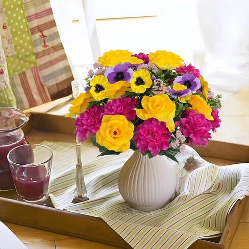 HUAESIN Cemetery Flowers for Grave Memorial Flowers Silk Dahlias Spring Flowers Indoor Outdoor Artificial Flower Arrangement for Kitchen Table Centerpieces Grave (Yellow,hotpink) in Kuwait