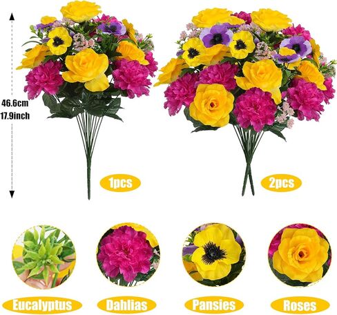 HUAESIN Cemetery Flowers for Grave Memorial Flowers Silk Dahlias Spring Flowers Indoor Outdoor Artificial Flower Arrangement for Kitchen Table Centerpieces Grave (Yellow,hotpink) in Kuwait