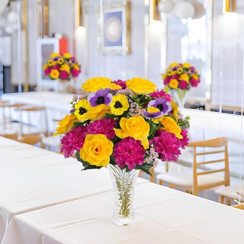 HUAESIN Cemetery Flowers for Grave Memorial Flowers Silk Dahlias Spring Flowers Indoor Outdoor Artificial Flower Arrangement for Kitchen Table Centerpieces Grave (Yellow,hotpink) in Kuwait