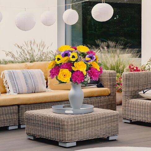 HUAESIN Cemetery Flowers for Grave Memorial Flowers Silk Dahlias Spring Flowers Indoor Outdoor Artificial Flower Arrangement for Kitchen Table Centerpieces Grave (Yellow,hotpink) in Kuwait