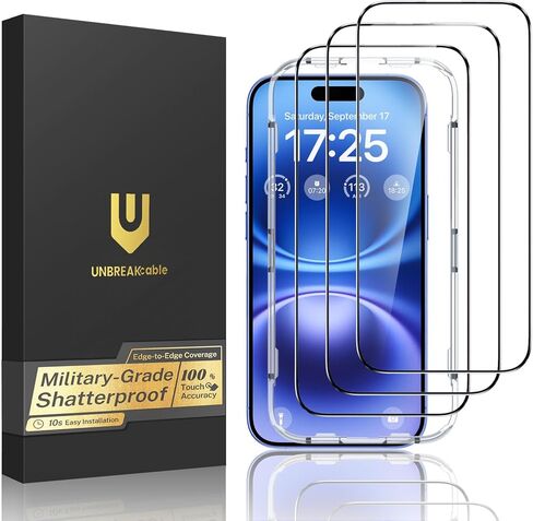 حزمة من 3 واقيات شاشة غير قابلة للكسر لهاتف iPhone 16، [صلابة 9H] [مقاومة للكسر من الدرجة العسكرية] طبقة من الزجاج المقوى بتغطية كاملة مع أداة تثبيت سهلة، شفاف عالي الدقة، مقاوم للخدش in Kuwait