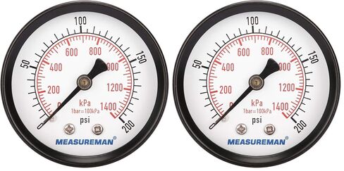 مقياس الضغط الجاف الاقتصادي من MEASUREMAN، مقياس ضغط ضاغط الهواء، حجم قرص 2 بوصة، حامل خلفي مركزي 1/4 بوصة NPT، 0-200 رطل لكل بوصة مربعة/كيلو باسكال in Kuwait