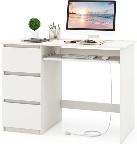 Tangkula Computer Desk with 3 Storage Drawers & Built-in Charging Station, Home Office Desk with Keyboard Tray, PC Desk Study Writing Desk, Vanity Table for Bedroom, Computer Workstation (Natural) in Saudi Arabia