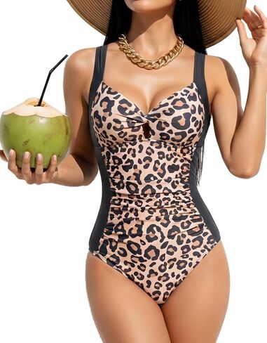 One Piece Swimsuits for Women Tummy Control Ruched Twist Front Bathing Suits Vintage V Neck Swimwear in Saudi Arabia