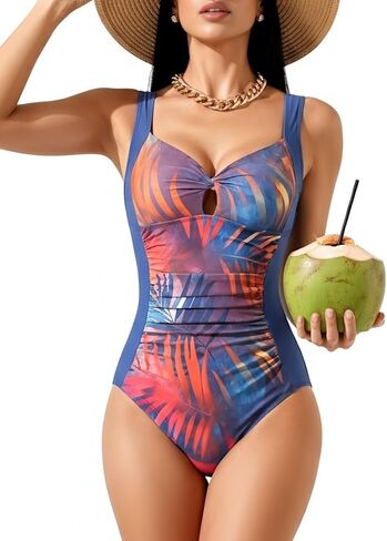 One Piece Swimsuits for Women Tummy Control Ruched Twist Front Bathing Suits Vintage V Neck Swimwear in Saudi Arabia