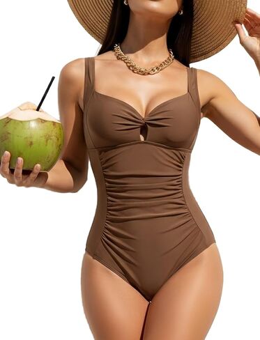 One Piece Swimsuits for Women Tummy Control Ruched Twist Front Bathing Suits Vintage V Neck Swimwear in Saudi Arabia