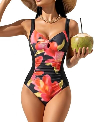 One Piece Swimsuits for Women Tummy Control Ruched Twist Front Bathing Suits Vintage V Neck Swimwear in Saudi Arabia
