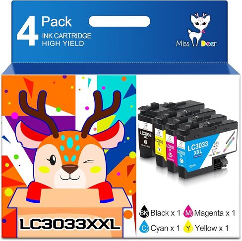 خراطيش حبر MS DEER LC3033 BK/C/M/Y، بديلة متوافقة لطابعة Brother LC3033XXL LC 3033 XXL LC3033BK LC3035 عالية الإنتاجية لطابعة MFC-J995DW MFC-J805DW MFC-J815DW مع شريحة ذكية، مختومة in Kuwait