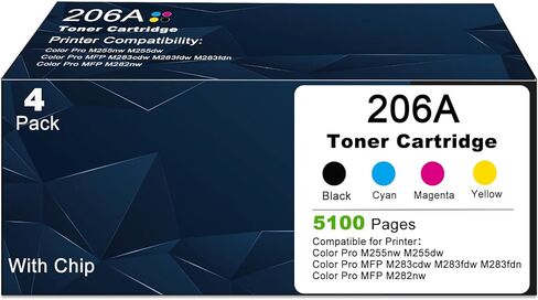 206A 206X 4 Pack Toner Cartridges Replacement for HP 206 W2110A Compatible with LaserJet Pro MFP M283fdw M283cdw M283fdn M282nw and Pro M255dw M255nw Printers (with Chip) - Black Cyan Yellow Magenta in Kuwait