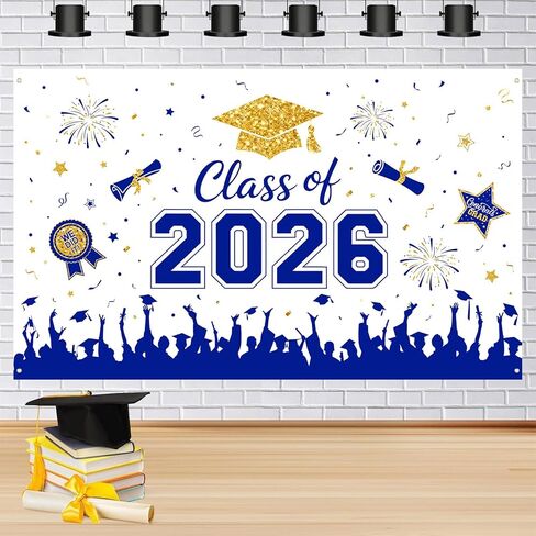 ديكورات التخرج 2026 لافتة خلفية - دعامات صور تهنئة التخرج من الذهب الأزرق، فئة 2026 ديكور حفلات التخرج، خلفيات كبيرة مقاس 72 × 44 بوصة للتصوير الفوتوغرافي in Kuwait