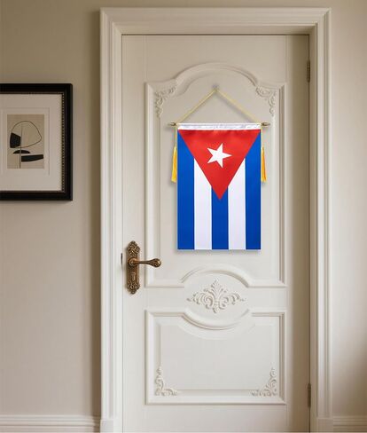 لافتة حائط كوبا مقاس 18 × 12 بوصة، عمود تعليق خشبي ولمسة نهائية مزدوجة من الساتان، علم معلق كوبي، لغرفة المنزل، والفصول المدرسية، والنادي والباب in Kuwait