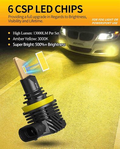 مصابيح ضباب LED SNGL H11/H8/H16 أو DRL، أصفر كهرماني 3000 كلفن، 13000 لومن لكل مجموعة، سطوع 500%، بدون مروحة، لضوء الضباب أو رياضة الطاقة، حزمة من 2 in Kuwait