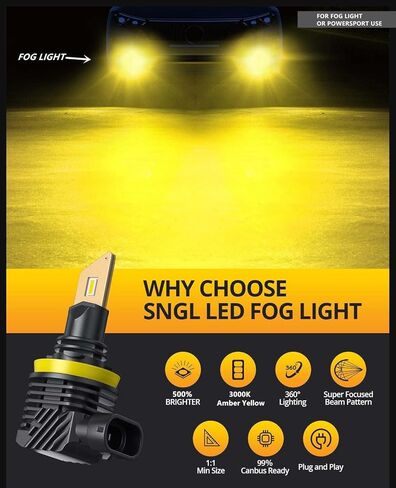 مصابيح ضباب LED SNGL H11/H8/H16 أو DRL، أصفر كهرماني 3000 كلفن، 13000 لومن لكل مجموعة، سطوع 500%، بدون مروحة، لضوء الضباب أو رياضة الطاقة، حزمة من 2 in Saudi Arabia