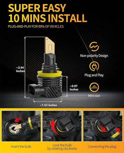 مصابيح ضباب LED SNGL H11/H8/H16 أو DRL، أصفر كهرماني 3000 كلفن، 13000 لومن لكل مجموعة، سطوع 500%، بدون مروحة، لضوء الضباب أو رياضة الطاقة، حزمة من 2 in Saudi Arabia