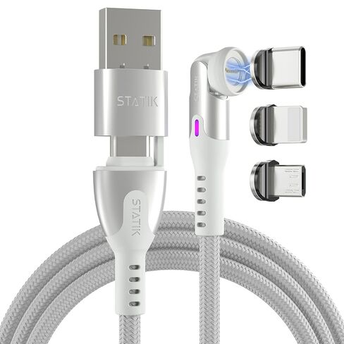 Statik 360 Pro Magnetic Phone Charger Cable, Magnetic USB C Charging Cable, 3-in-1 Magnetic Charger Cable, iProduct, Micro-USB, USB-A & USB C Magnetic Charging Cable, White Magnetic Cable, 6FT/2M in Kuwait