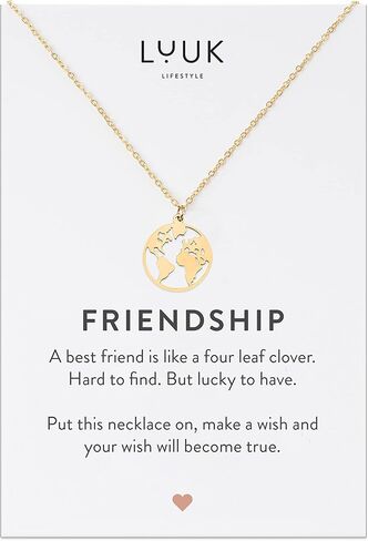 LUUK LIFESTYLE Stainless steel women necklaces with heart, clover, star, anchor, globe pendant, trendy gift, luck symbol, 20" adjustable length, FRIENDSHIP card, gold, silver, and rose gold in Saudi Arabia