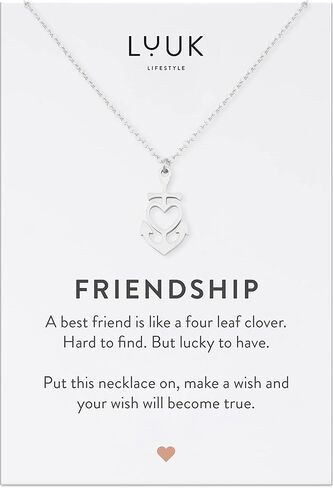 LUUK LIFESTYLE Stainless steel women necklaces with heart, clover, star, anchor, globe pendant, trendy gift, luck symbol, 20" adjustable length, FRIENDSHIP card, gold, silver, and rose gold in Saudi Arabia