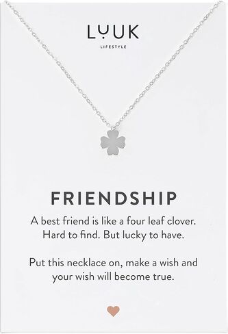LUUK LIFESTYLE Stainless steel women necklaces with heart, clover, star, anchor, globe pendant, trendy gift, luck symbol, 20" adjustable length, FRIENDSHIP card, gold, silver, and rose gold in Saudi Arabia