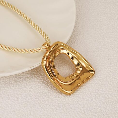 Chunky Gold Statement Necklaces Large Pendant Necklace Big Square Pendant Chunky Statement Jewelry Women 14K Gold Plated Black Rope in Saudi Arabia
