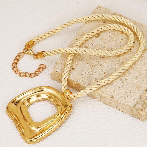 Chunky Gold Statement Necklaces Large Pendant Necklace Big Square Pendant Chunky Statement Jewelry Women 14K Gold Plated Black Rope in Saudi Arabia