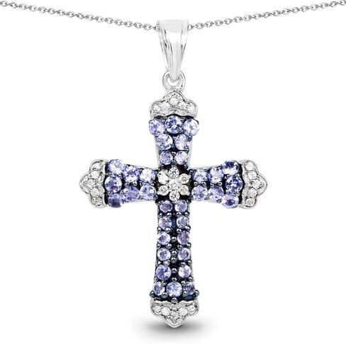 Fine Color Jewels Genuine Tanzanite Cross Crown Pendant Necklace 925 Sterling Silver Rhodium Plated Round Cut Tanzanite Gemstone 1.84 Ctw Cross Design December Birthstone Pendant in Kuwait