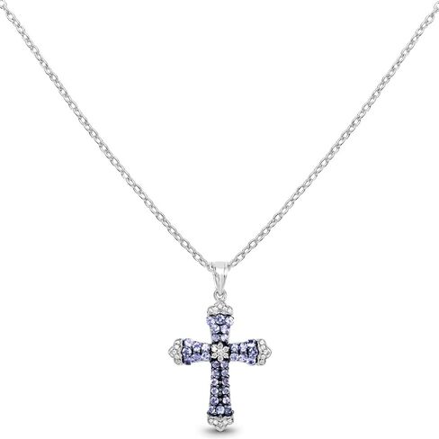 Fine Color Jewels Genuine Tanzanite Cross Crown Pendant Necklace 925 Sterling Silver Rhodium Plated Round Cut Tanzanite Gemstone 1.84 Ctw Cross Design December Birthstone Pendant in Kuwait
