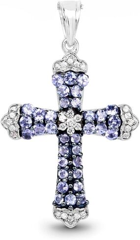 Fine Color Jewels Genuine Tanzanite Cross Crown Pendant Necklace 925 Sterling Silver Rhodium Plated Round Cut Tanzanite Gemstone 1.84 Ctw Cross Design December Birthstone Pendant in Kuwait