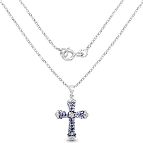 Fine Color Jewels Genuine Tanzanite Cross Crown Pendant Necklace 925 Sterling Silver Rhodium Plated Round Cut Tanzanite Gemstone 1.84 Ctw Cross Design December Birthstone Pendant in Kuwait