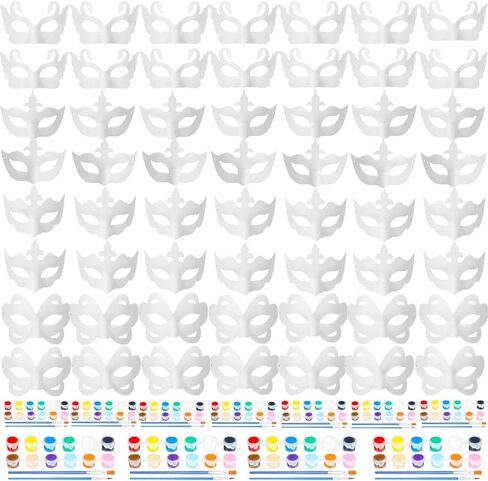 HyDren 100 Pcs Mardi Gras Mask DIY Half Face Mask Making Kit Bulk 60 White Blank Paper Mache Masks 20 Acrylic Paints Strips 20 Painting Brushes for Masquerade Carnival Craft Cosplay Art Painting Party in Kuwait