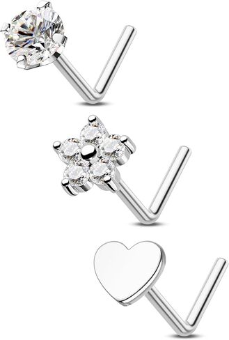 COCHARM 3PCS Titanium Flower Nose Rings Studs 20G, 6.5mm L-Shaped Nose Piercing Jewelry Set - Hypoallergenic Surgical Steel Heart L Bend Nostril Stud for Women Men in Saudi Arabia