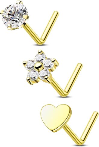 COCHARM 3PCS Titanium Flower Nose Rings Studs 20G, 6.5mm L-Shaped Nose Piercing Jewelry Set - Hypoallergenic Surgical Steel Heart L Bend Nostril Stud for Women Men in Saudi Arabia