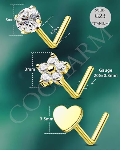 COCHARM 3PCS Titanium Flower Nose Rings Studs 20G, 6.5mm L-Shaped Nose Piercing Jewelry Set - Hypoallergenic Surgical Steel Heart L Bend Nostril Stud for Women Men in Saudi Arabia