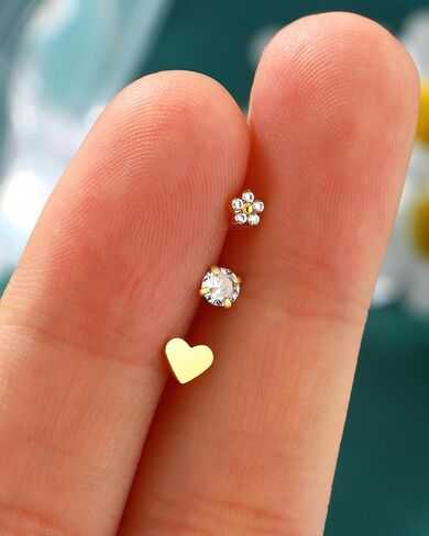 COCHARM 3PCS Titanium Flower Nose Rings Studs 20G, 6.5mm L-Shaped Nose Piercing Jewelry Set - Hypoallergenic Surgical Steel Heart L Bend Nostril Stud for Women Men in Saudi Arabia