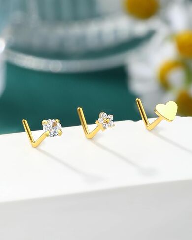 COCHARM 3PCS Titanium Flower Nose Rings Studs 20G, 6.5mm L-Shaped Nose Piercing Jewelry Set - Hypoallergenic Surgical Steel Heart L Bend Nostril Stud for Women Men in Saudi Arabia