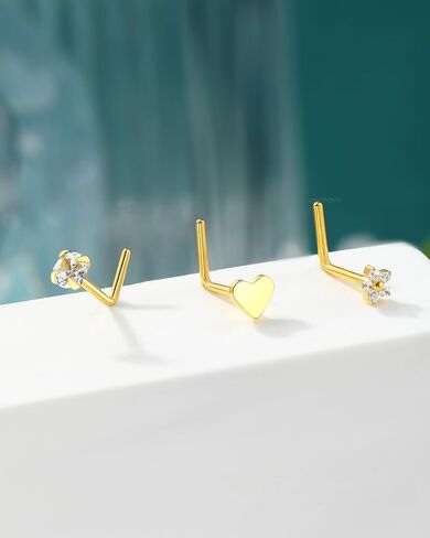 COCHARM 3PCS Titanium Flower Nose Rings Studs 20G, 6.5mm L-Shaped Nose Piercing Jewelry Set - Hypoallergenic Surgical Steel Heart L Bend Nostril Stud for Women Men in Saudi Arabia