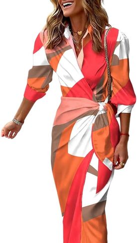 CHICME Women's Long Sleeve Midi Dress Casual Wrap Tied Detail Shirt Dresses Floral Print Fall Long Dress in Kuwait