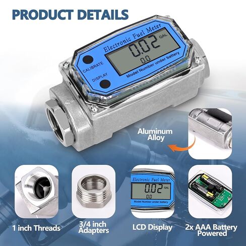 1" 20-80 LPM Inline NPT Thread Flowmeter with 3/4" Adapters,Digital Fuel Flow Meter,for Kerosene,Biodiesel, Light Chemicals. Don't USE for Water and Gasoline - Supports Gallon, LTR, PT, QT in Kuwait