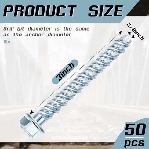 50 Pcs 3/8" x 3" Zinc Plated Concrete Anchors Masonry Screws Heavy Duty Carbon Steel Concrete Anchors and Screws Kit Hex Head Large Diameter Concrete Anchor Bolts for Brick, Blocks, Cement in Kuwait